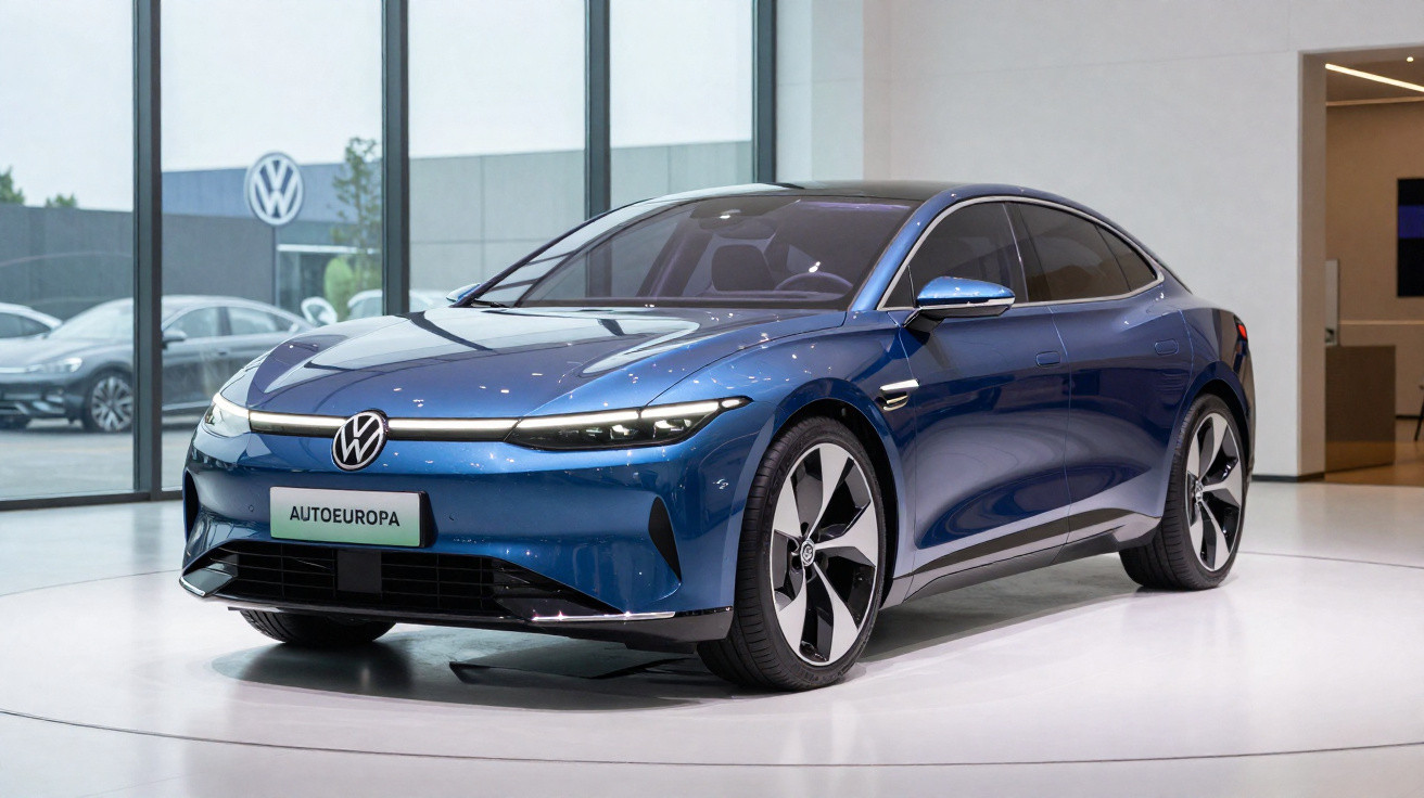 Carro elétrico Volkswagen azul exibido em showroom moderno com grandes janelas de vidro.