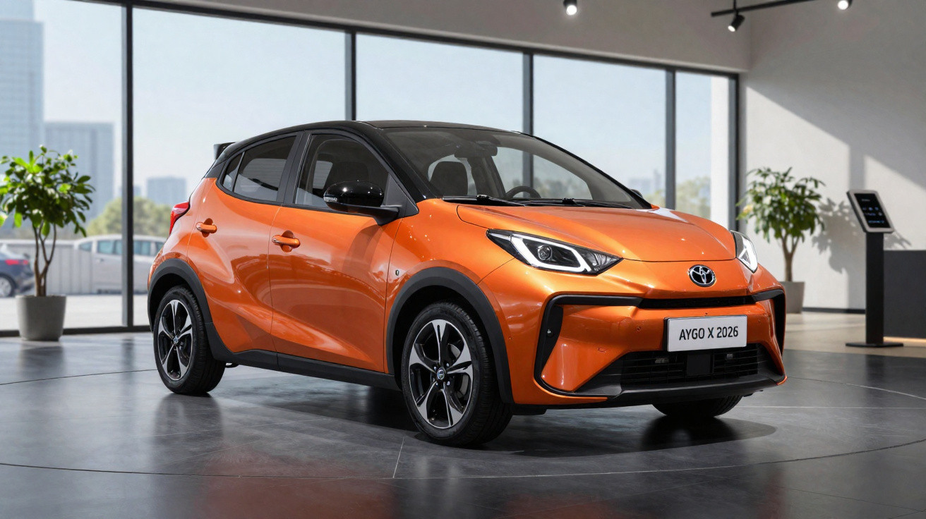 Carro Toyota Aygo X 2026 laranja em exposição em showroom com grandes janelas ao fundo.