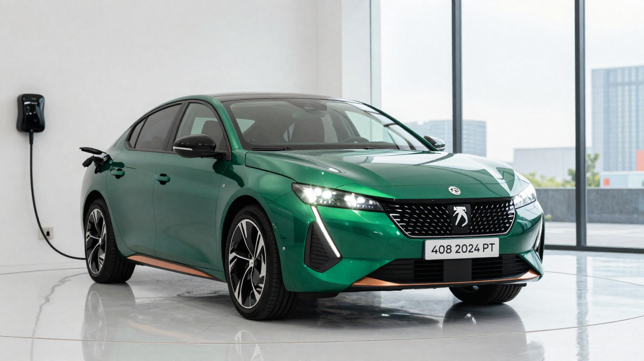 Carro elétrico verde Peugeot 408 estacionado em ambiente interno, conectado a carregador na parede.