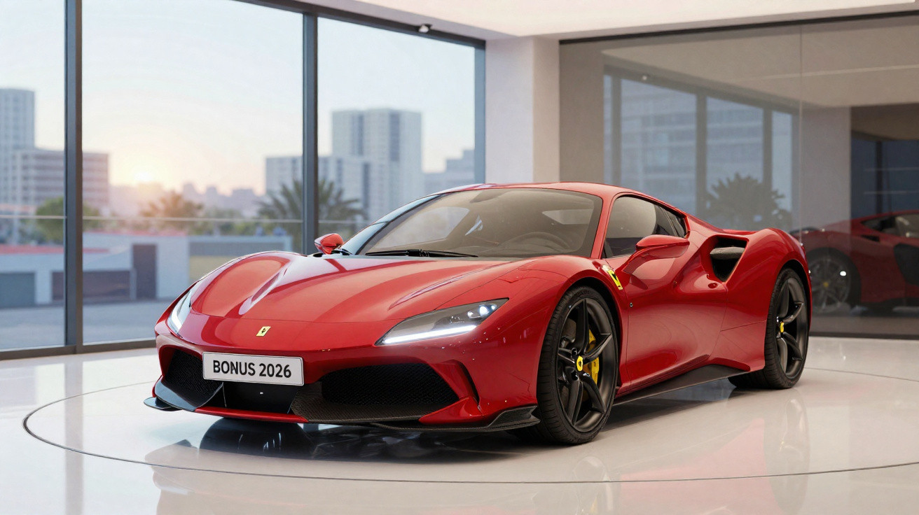 Carro esportivo vermelho Ferrari em exposição dentro de salão moderno com janelas amplas.