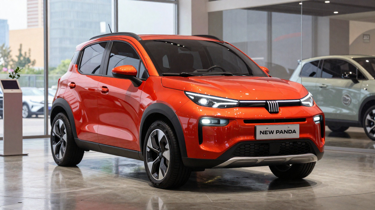 SUV compacto vermelho New Panda da Fiat exibido em showroom moderno com janelas amplas e iluminação natural.