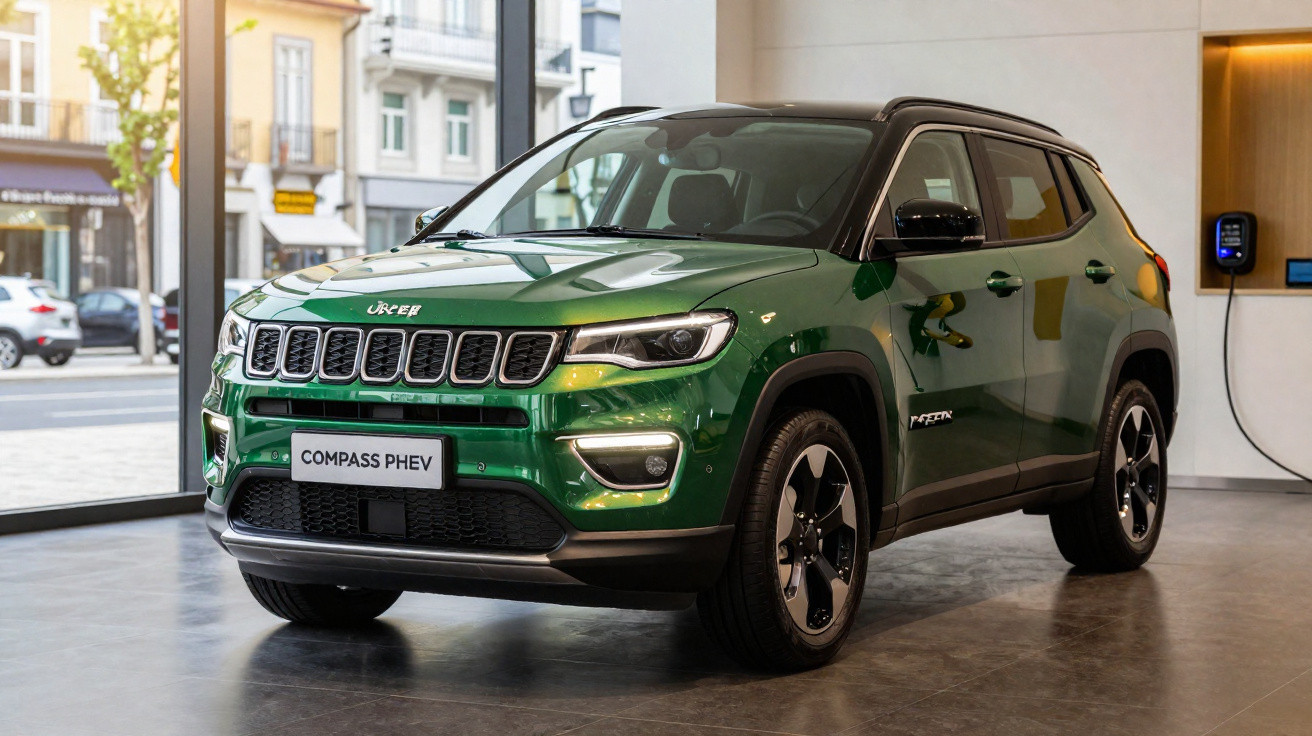 Jeep Compass PHEV verde em showroom com estação de recarga na parede ao fundo.