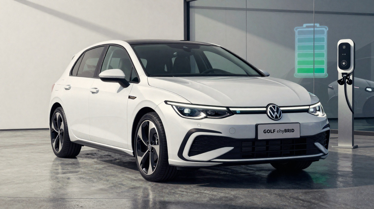 Carro elétrico branco Volkswagen Golf eHybrid estacionado próximo a uma estação de recarga.