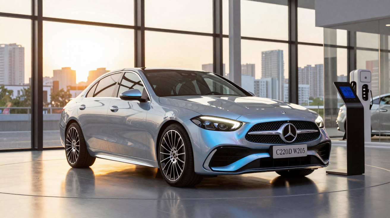 Carro Mercedes-Benz prata estacionado em showroom moderno com grandes janelas e painel de carregamento elétrico.