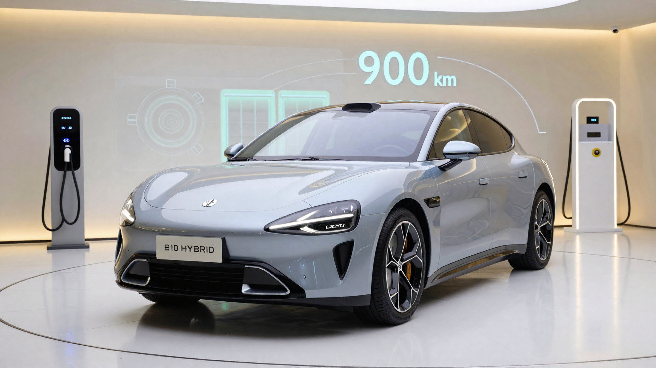 Carro híbrido cinza B10 Hybrid em exibição com carregadores elétricos ao fundo e alcance de 900 km destacado.