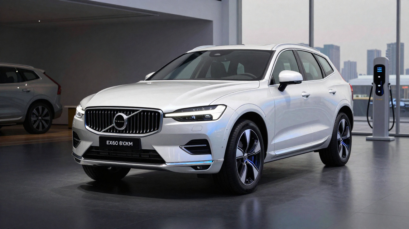 Carro Volvo XC60 branco elétrico estacionado em showroom moderno com paredes de vidro e estação de recarga.