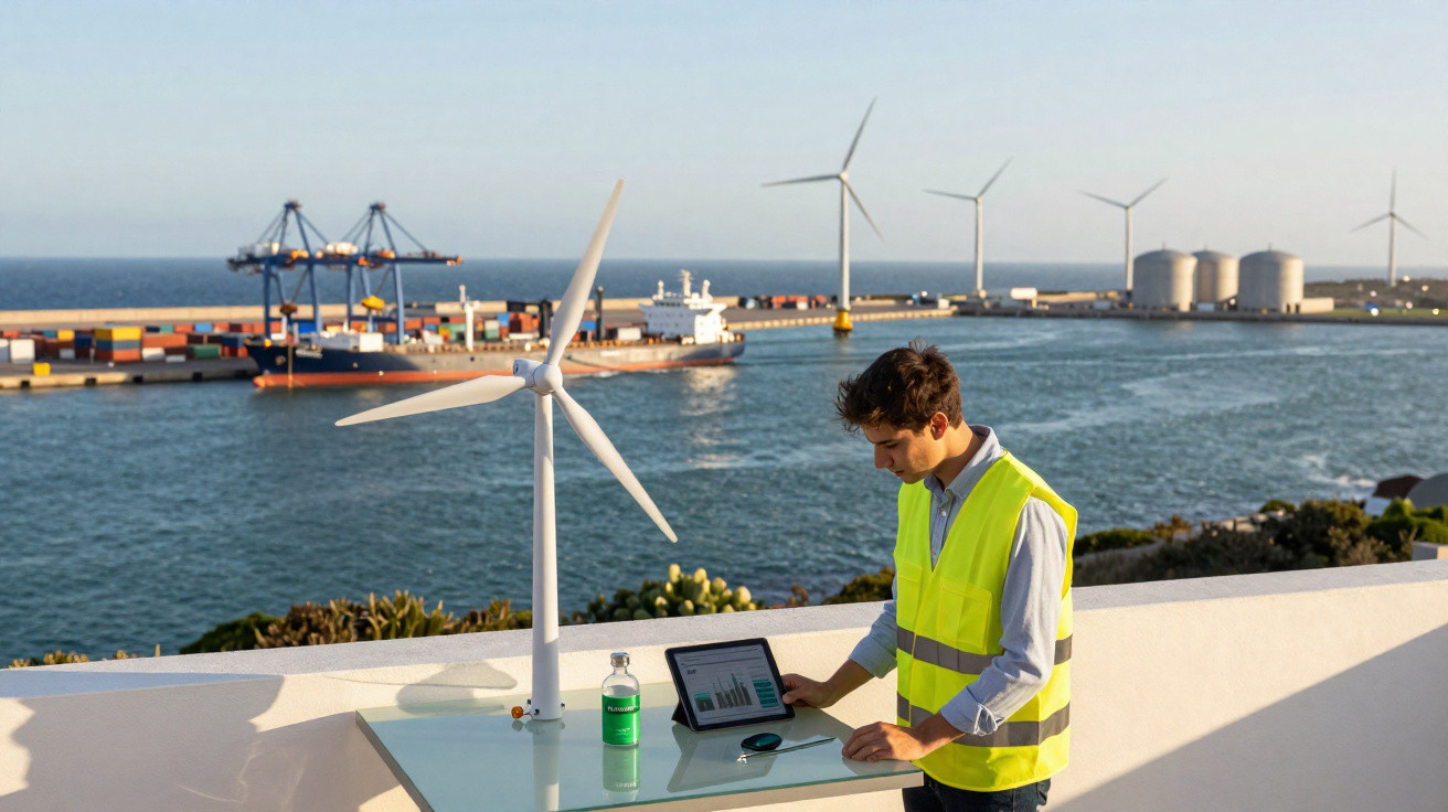 Homem com colete refletivo analisa dados em tablet próximo a miniatura de turbina eólica em porto com navios e turbinas ao fu