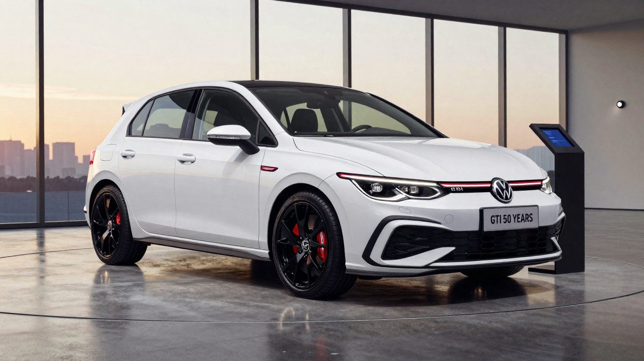 Carro esportivo branco Volkswagen GTI 50 Years estacionado em ambiente fechado com vidro e pôr do sol ao fundo.