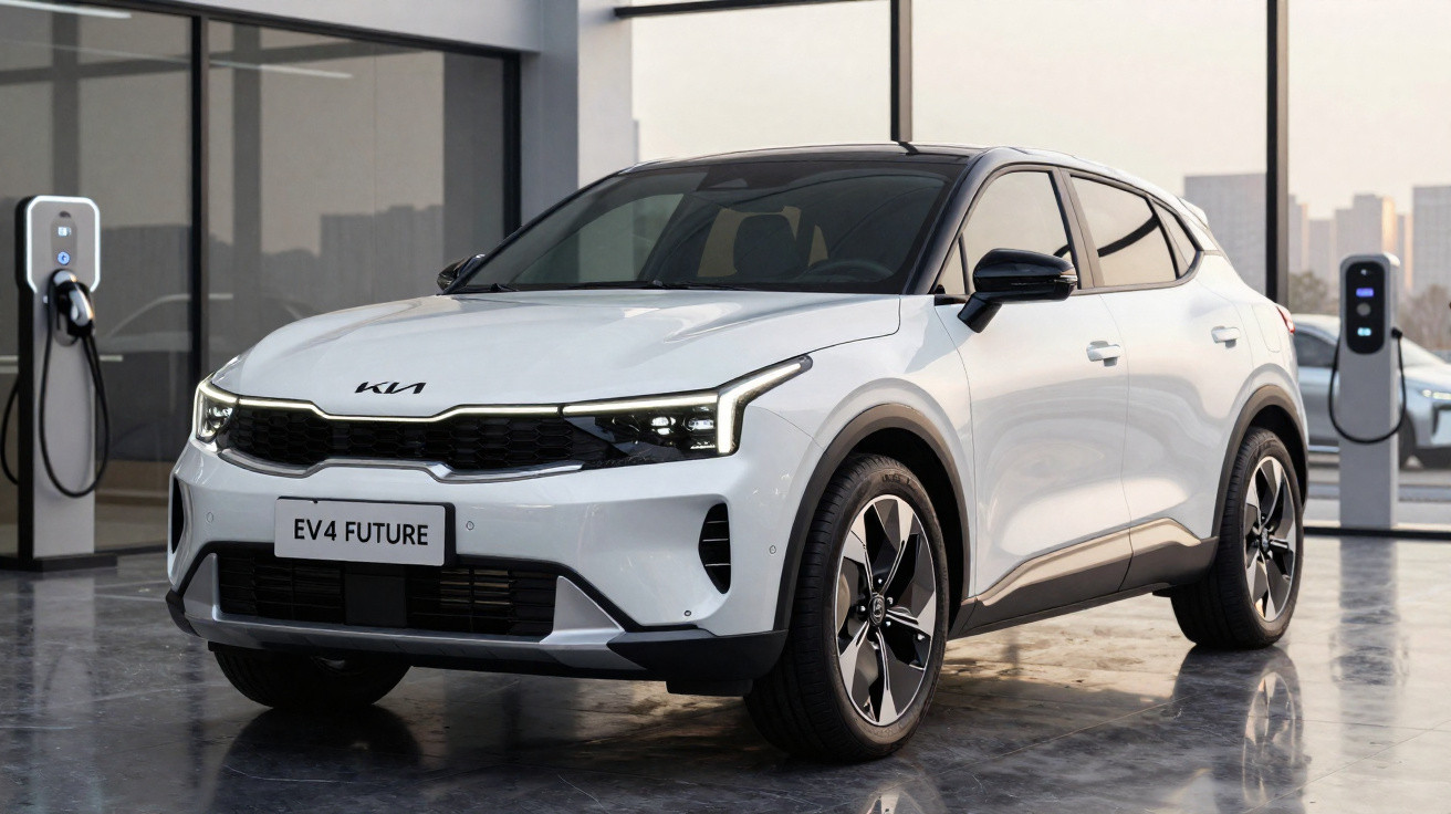 Carro elétrico Kia EV4 Future branco estacionado em ambiente moderno com pontos de recarga ao fundo.