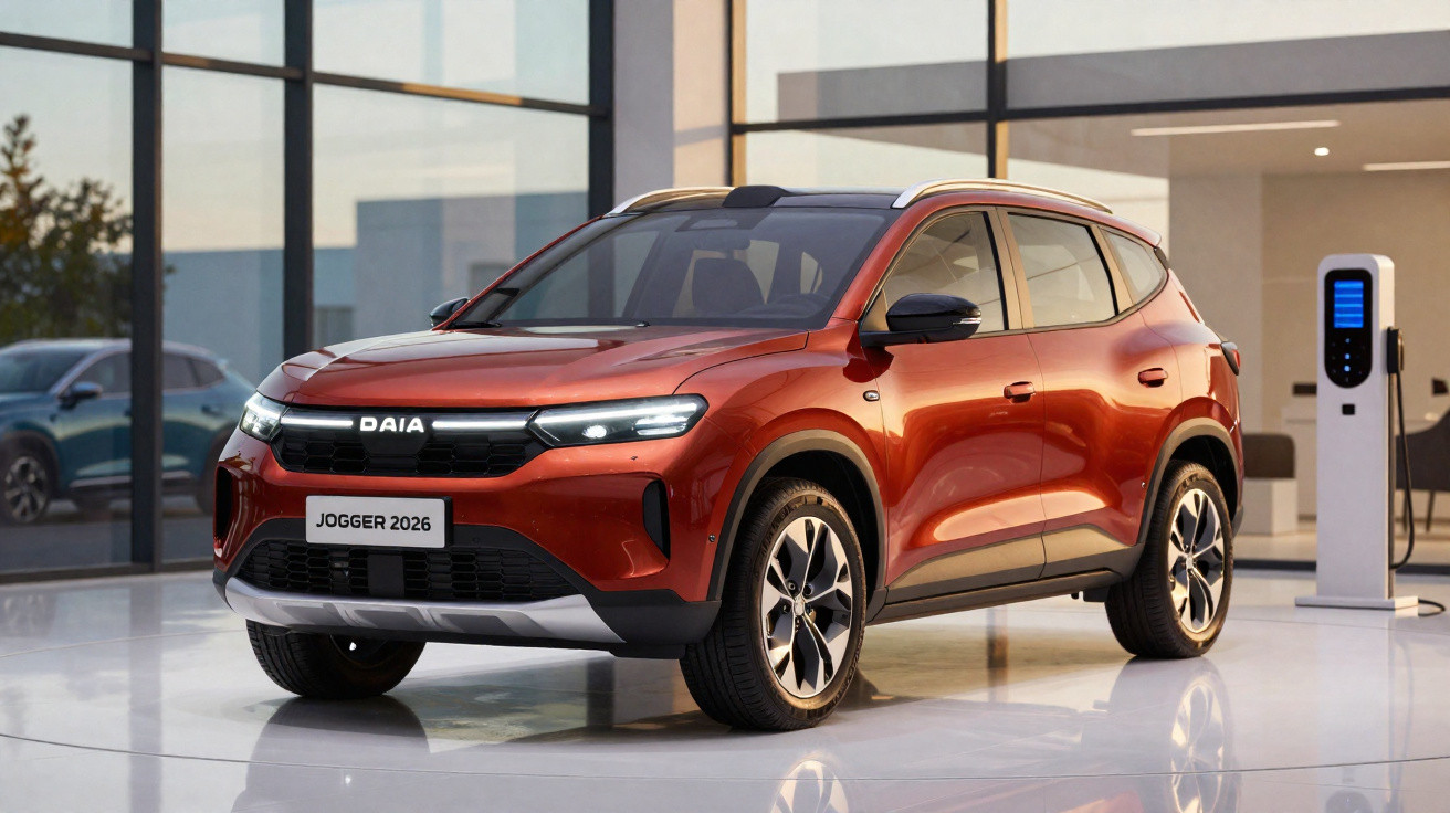 SUV Dacia Jogger 2026 vermelho estacionado em showroom ao lado de carregador elétrico.