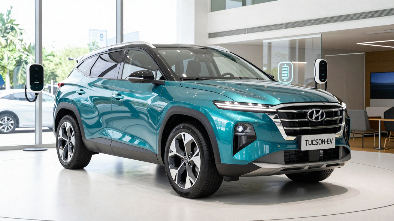 SUV Hyundai Tucson EV verde em exposição, veículo elétrico com design moderno e rodas pretas e prateadas.