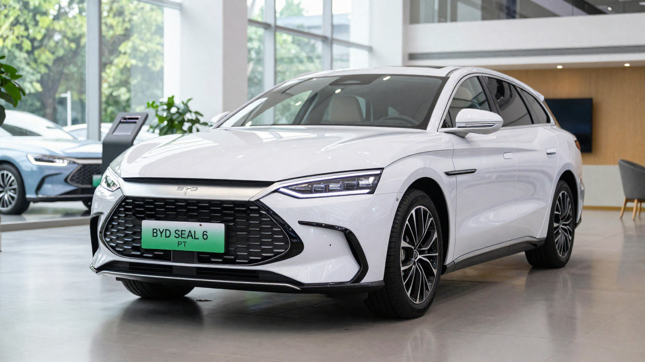 Carro elétrico BYD Seal 6 branco exposto em showroom moderno com grandes janelas.