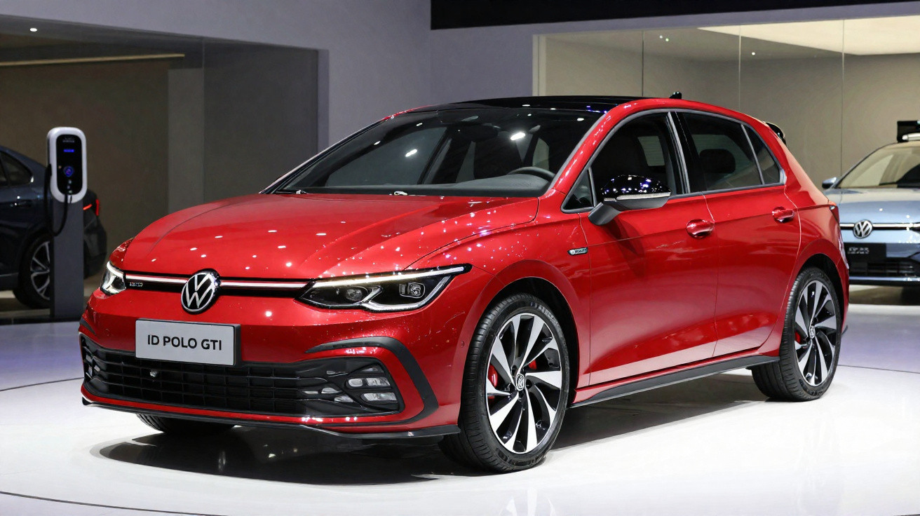 Carro Volkswagen ID Polo GTI hatch vermelho exibido em showroom moderno e iluminado.