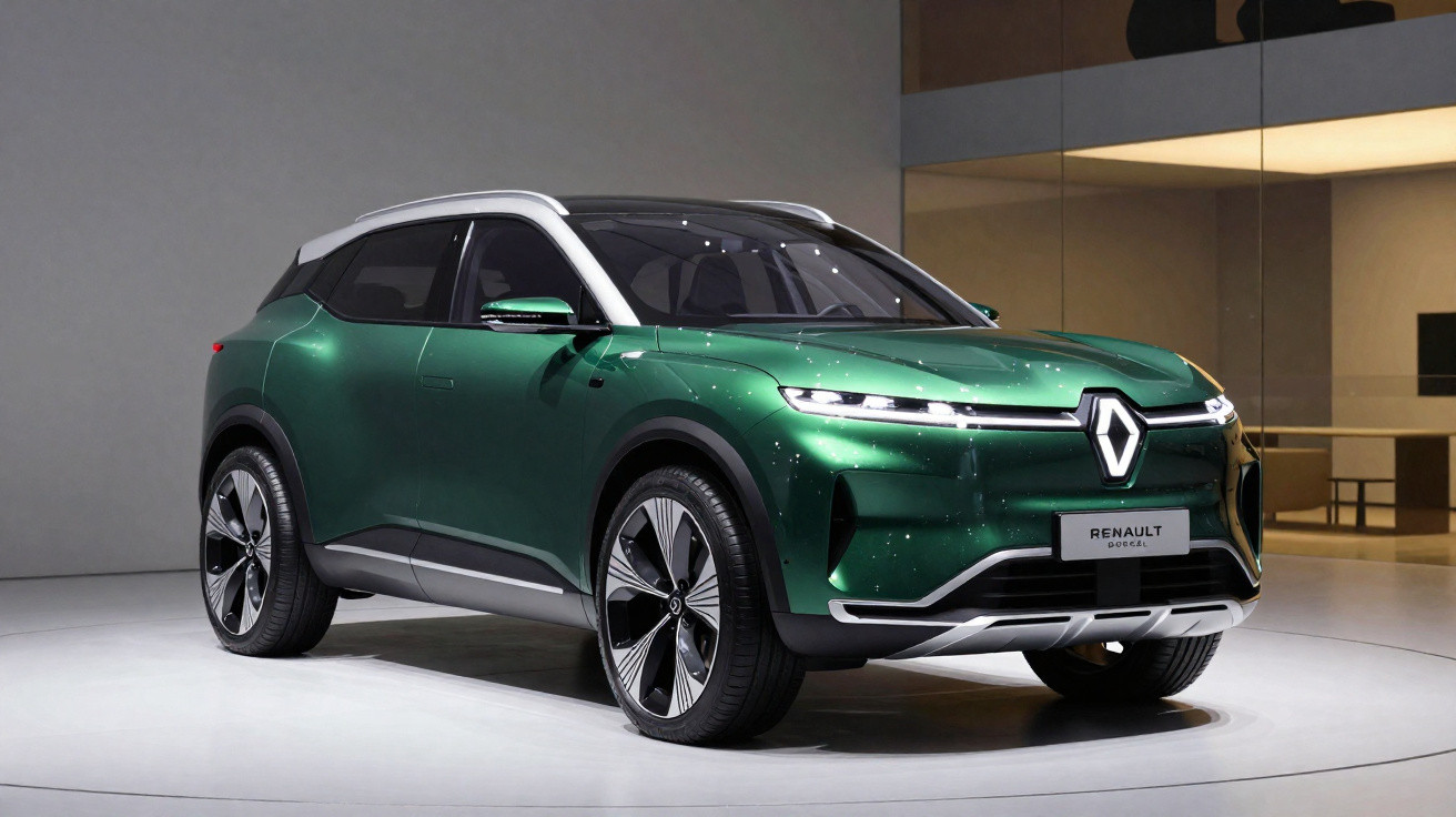 SUV elétrico Renault em verde metálico com teto branco em exposição interna.
