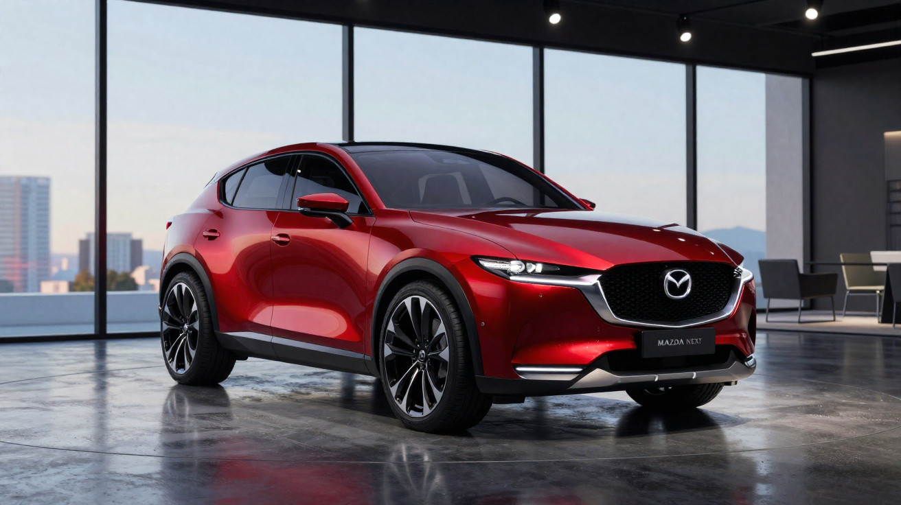 Carro SUV Mazda vermelho em ambiente interno com grandes janelas e vista urbana ao fundo.