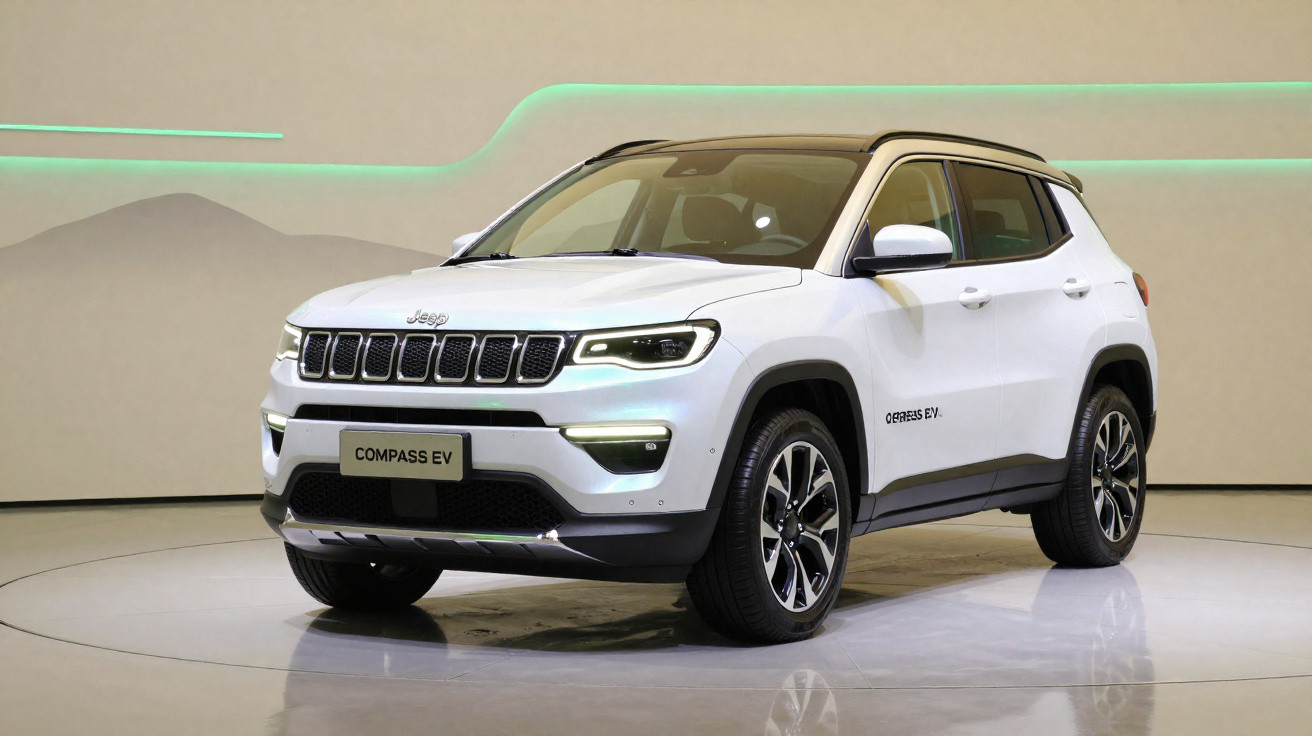 SUV Jeep Compass EV branco em exposição com design moderno e teto preto.