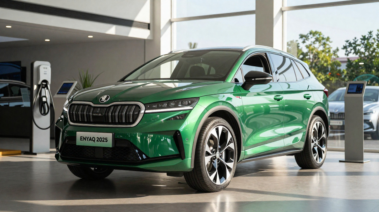 Carro SUV elétrico verde Škoda Enyaq 2025 em showroom com estação de recarga ao lado.