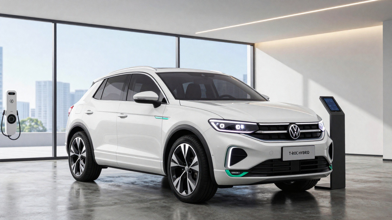 Carro SUV branco Volkswagen T-Roc Hybrid estacionado em ambiente interno com carregador elétrico ao lado.