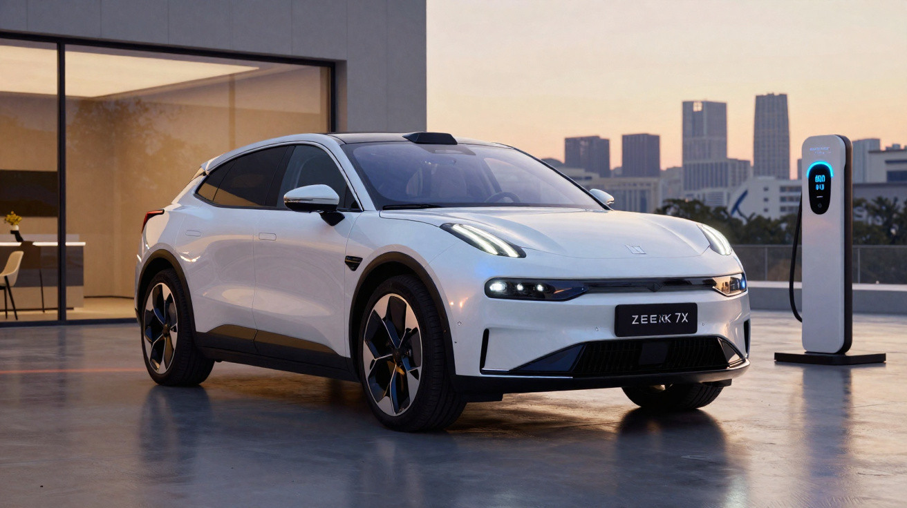 Carro elétrico branco estacionado próximo a poste de recarga, com edifícios ao fundo ao entardecer.