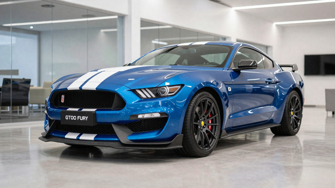 Carro esportivo azul GT00 Fury com faixa branca, parado em piso claro de showroom moderno.