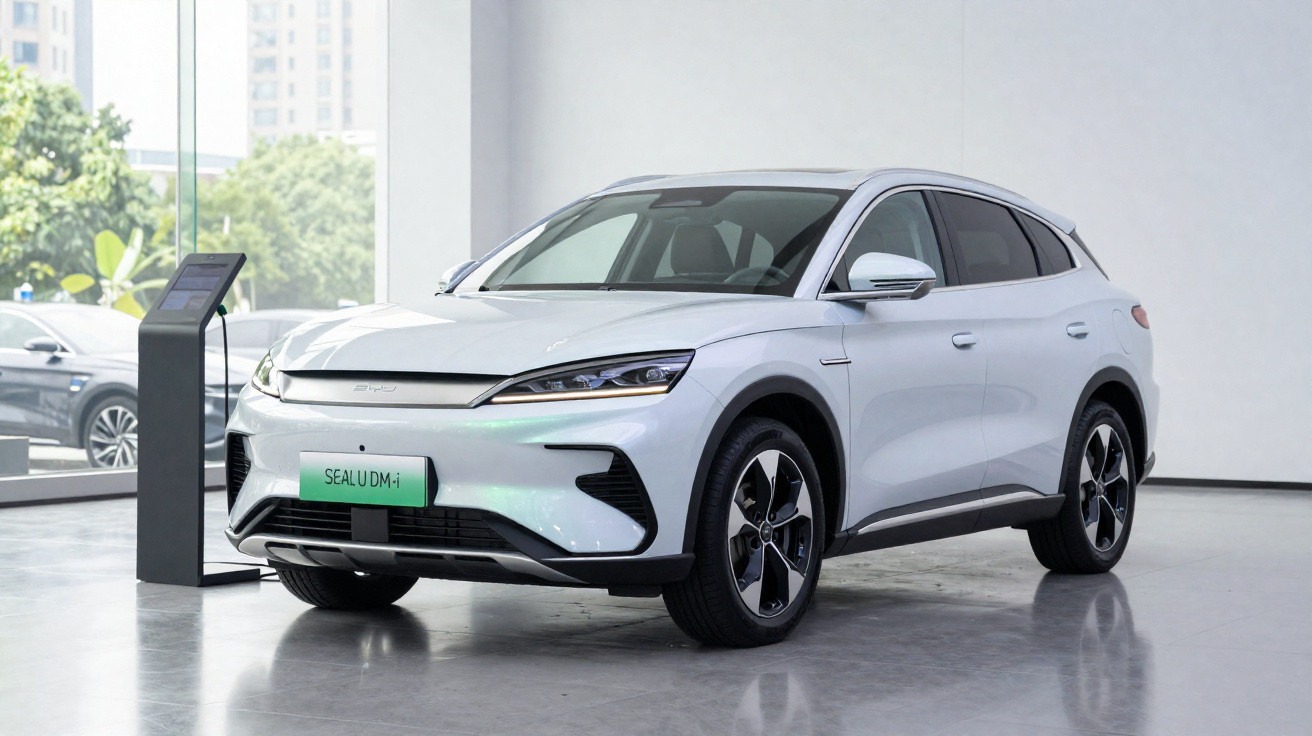 Carro elétrico SUV branco em exposição, conectado a estação de carregamento em ambiente interno claro.