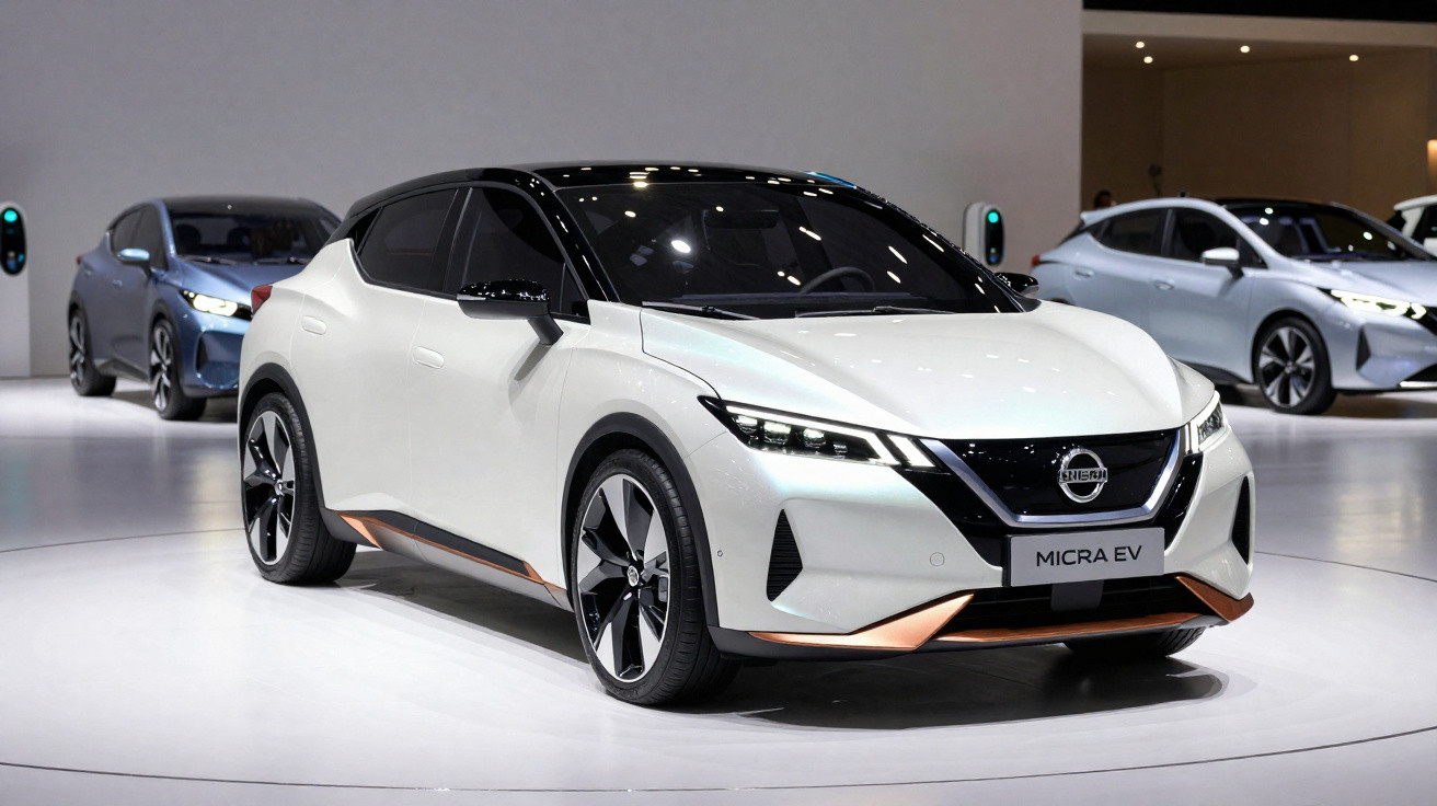 Carro elétrico branco Nissan Micra EV exibido em salão automotivo com outros veículos ao fundo.