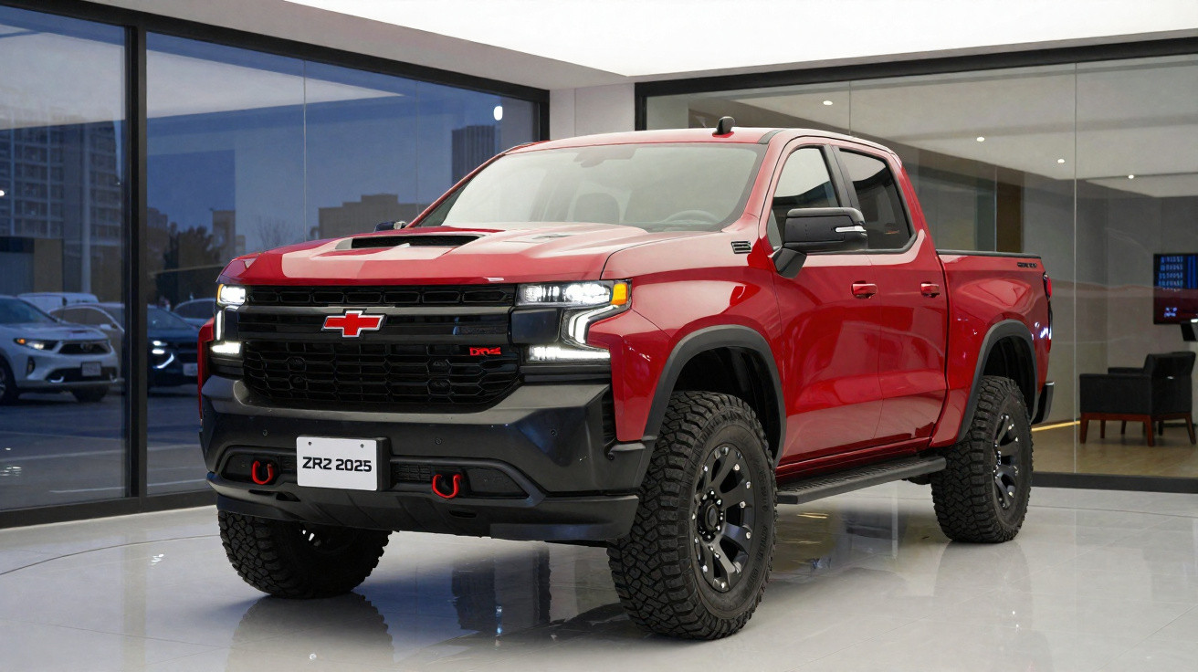 Picape Chevrolet vermelha modelo ZR2 2025 em showroom moderno com grandes janelas de vidro.