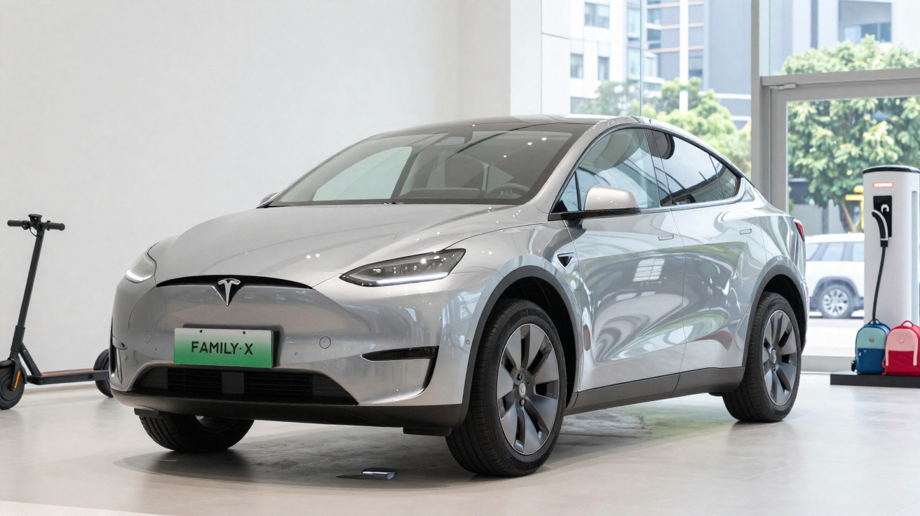 Carro elétrico Tesla modelo Family-X prata em exposição, com scooter e estação de carregamento ao fundo.