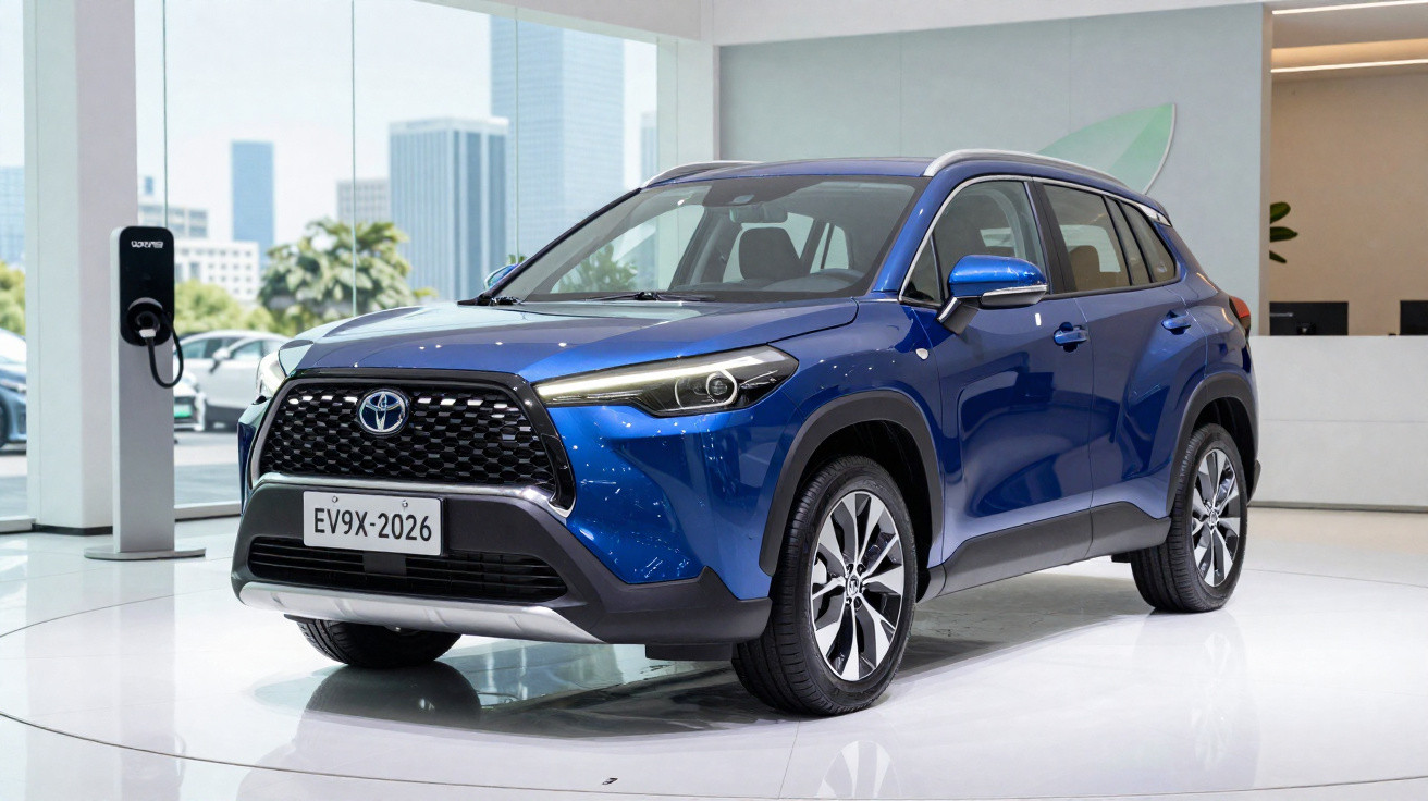 Carro azul Toyota SUV elétrico exposto em showroom com estação de recarga ao fundo.