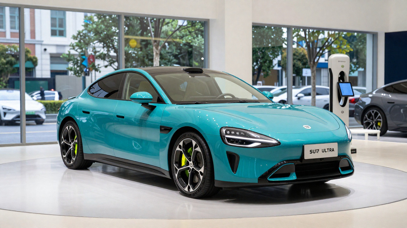 Carro elétrico azul turquesa exposto em showroom moderno com base giratória branca e painel de carregamento.