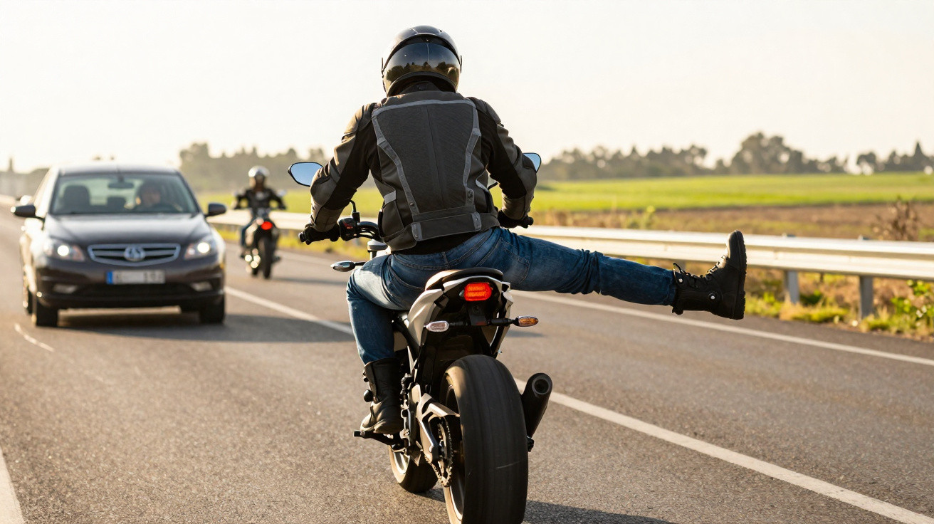Motociclista com uma perna esticada andando em estrada ao pôr do sol, com carros e outra moto ao fundo.