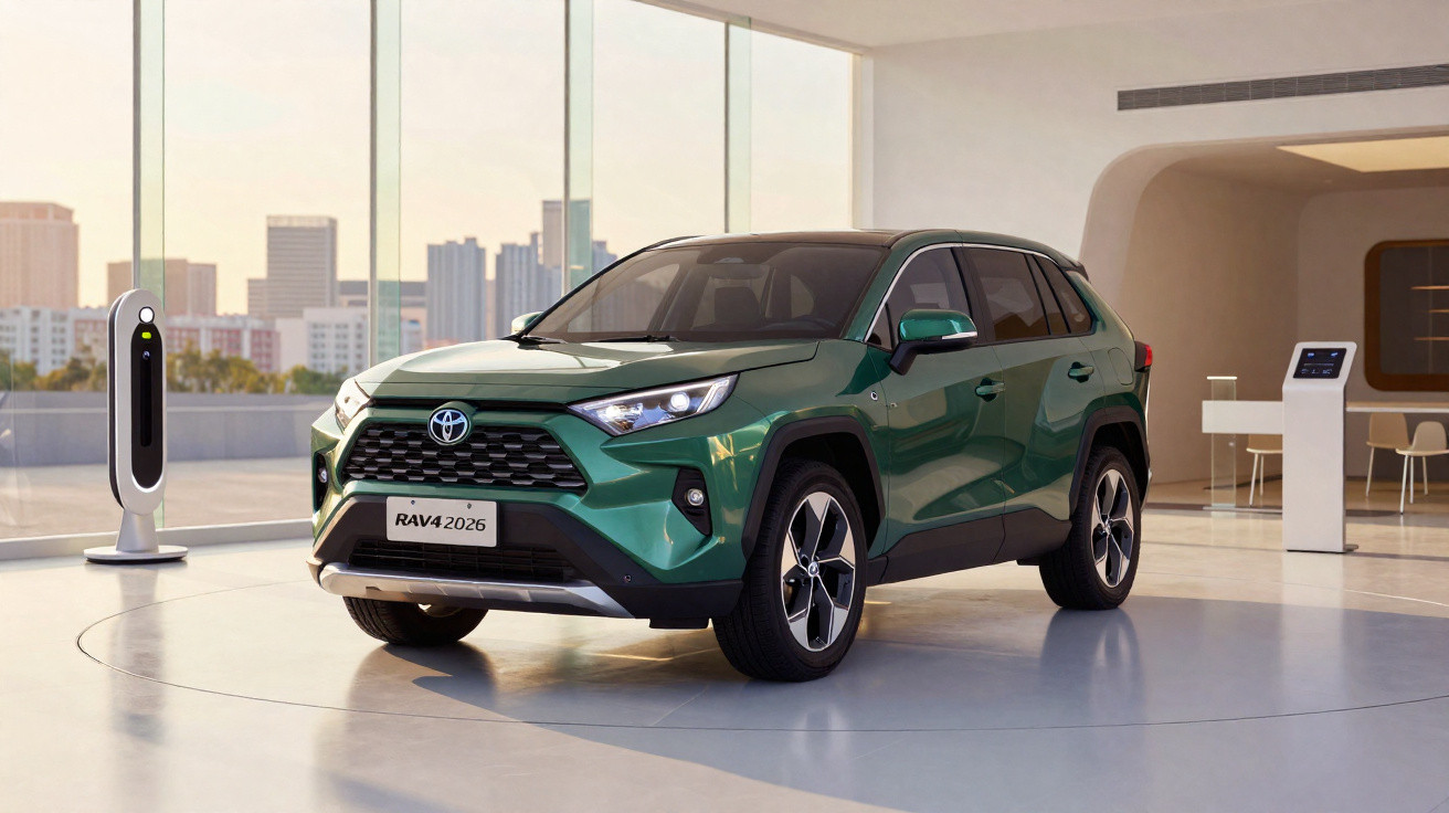 Toyota RAV4 2026 verde elétrico em showroom moderno com parede de vidro e estação de recarga.