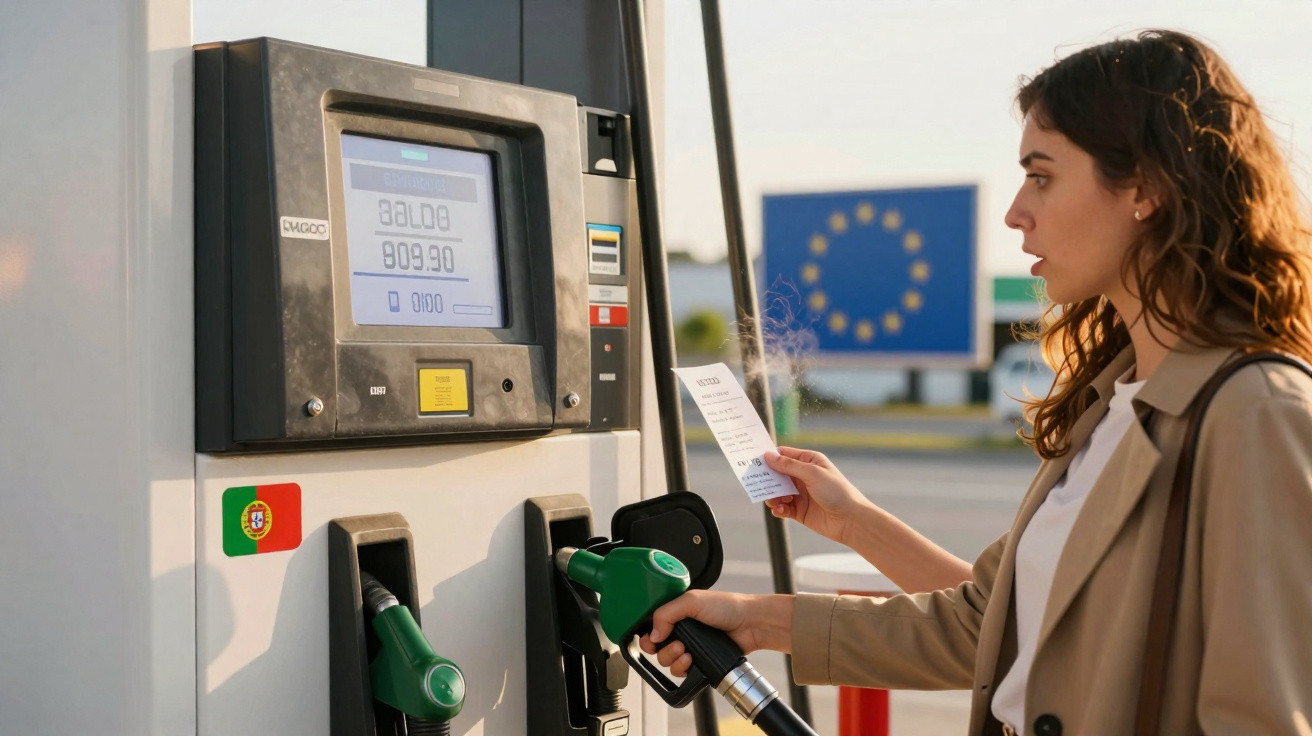 Mulher abastecendo carro e segurando nota fiscal em posto de combustível com bandeira da União Europeia ao fundo.