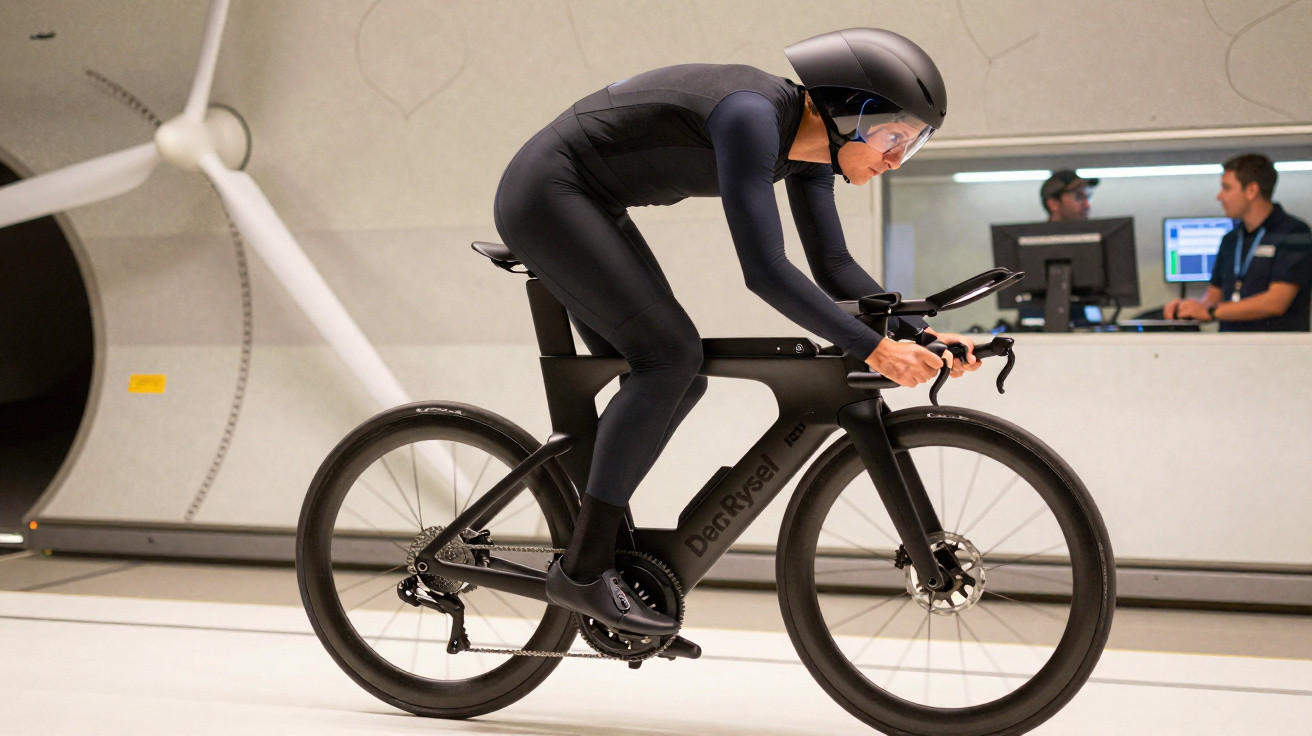 Pessoa vestindo roupa preta aerodinâmica pedalando bicicleta preta em túnel de vento para testes aerodinâmicos.