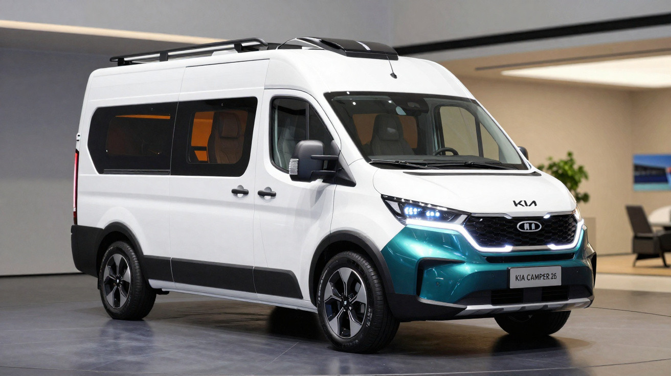Van camper branca e verde metálico Kia Camper 26 em ambiente interno bem iluminado.