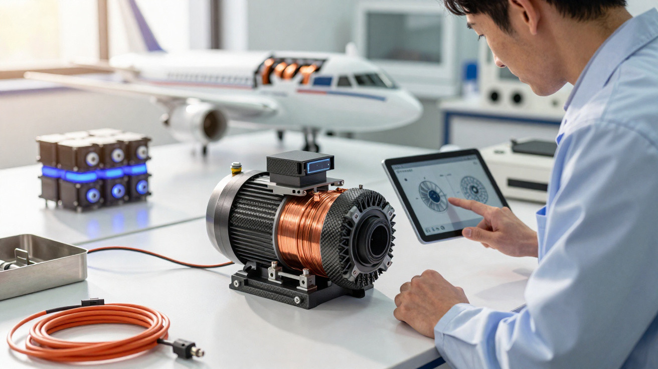 Engenheiro analisa motor elétrico com tablet em laboratório, com modelo de avião ao fundo.