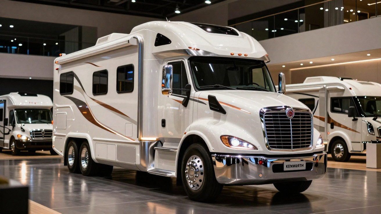 Motorhome branco grande da marca Kenworth exibido em salão de veículos com iluminação interna.