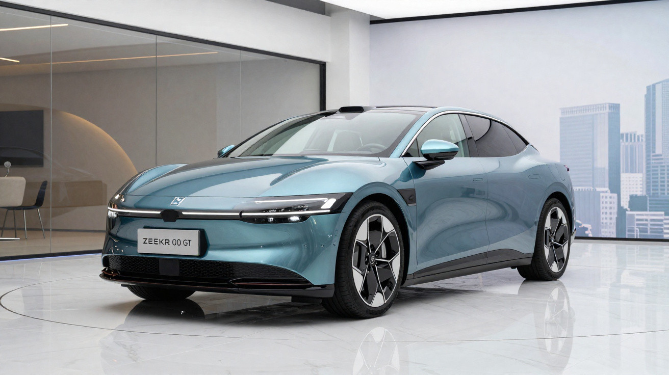 Carro elétrico esportivo Zeekr 001 GT azul em showroom moderno com vidro e vista urbana ao fundo.