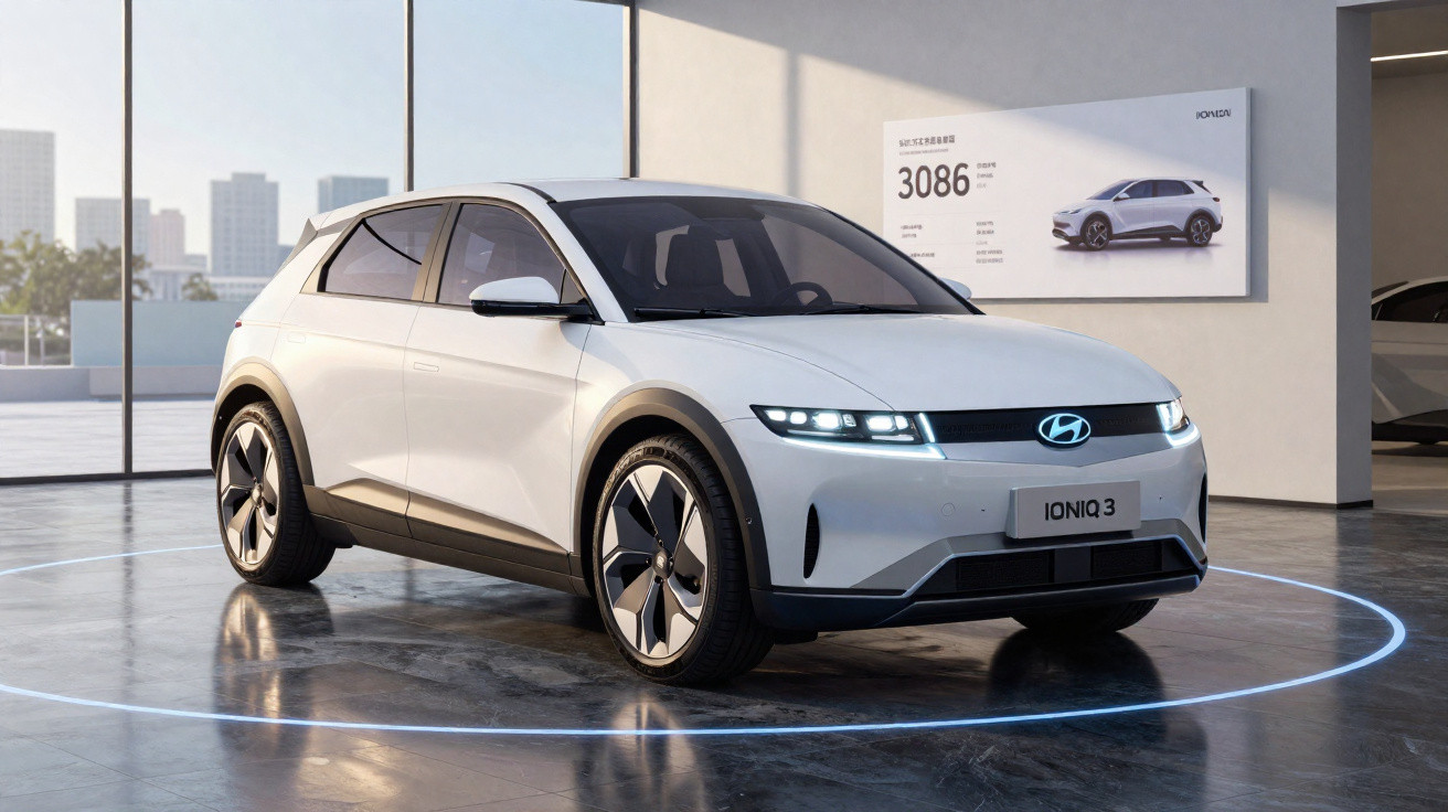 Carro elétrico Hyundai Ioniq 3 branco exibido em showroom moderno com piso refletivo e iluminação natural.
