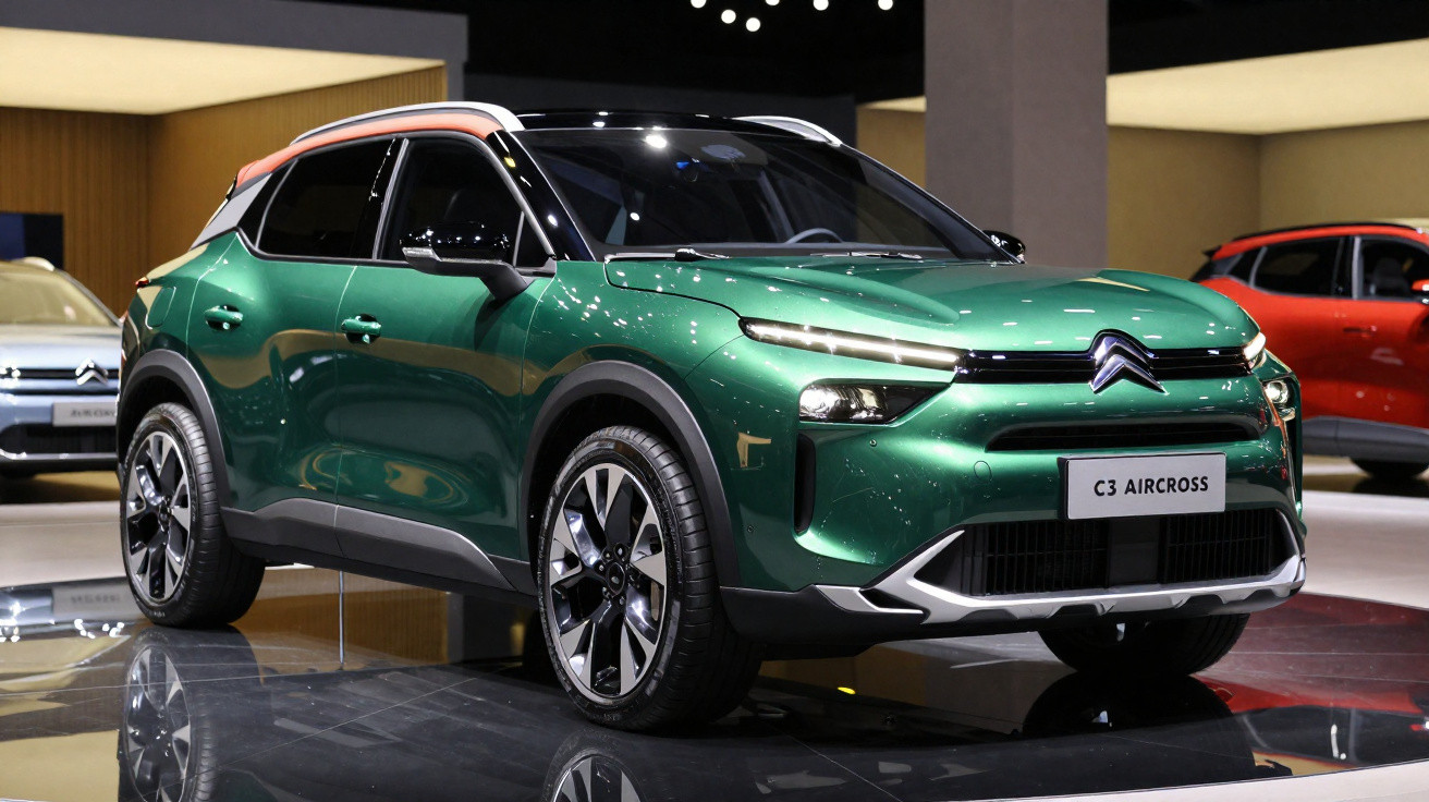SUV verde Citroën C3 Aircross exibido em salão de automóveis com teto laranja e detalhes pretos.