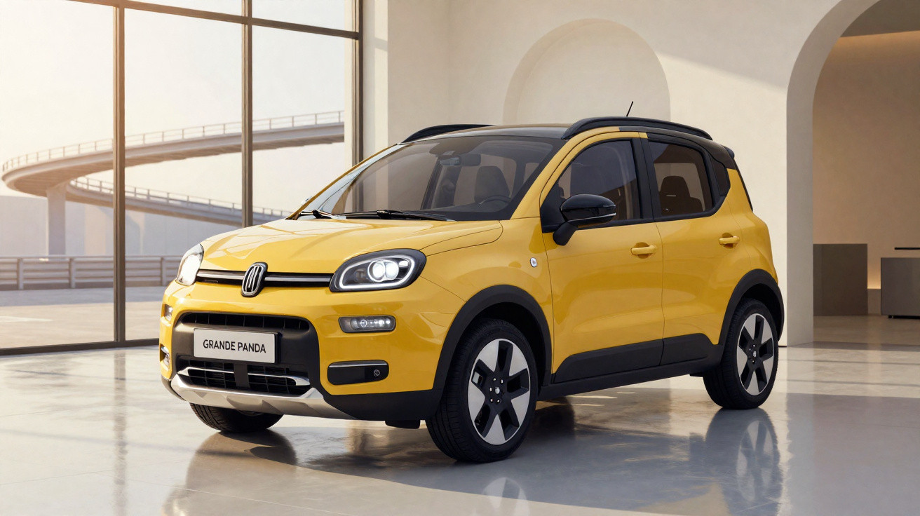 Carro Fiat Grande Panda amarelo estacionado em ambiente interno com piso refletivo e paredes claras.