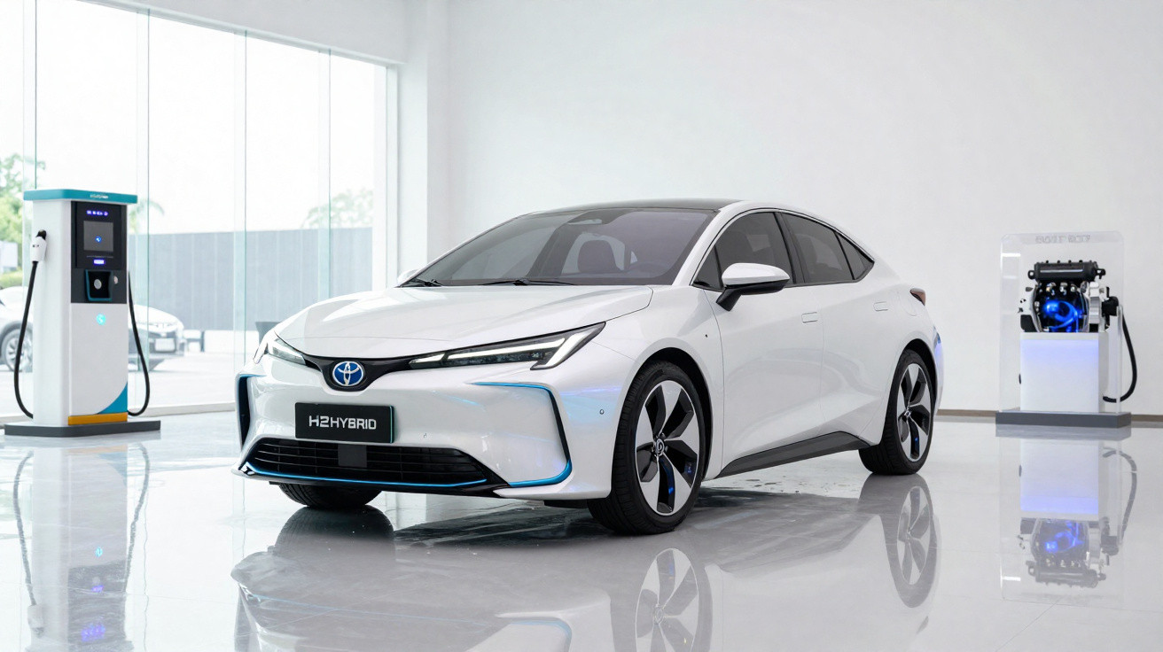 Carro branco Toyota H2 Hybrid estacionado em showroom moderno com carregador elétrico ao lado.