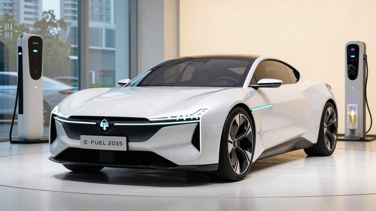 Carro esportivo elétrico branco E-Fuel 2035 em exposição, com estações de recarga ao fundo.