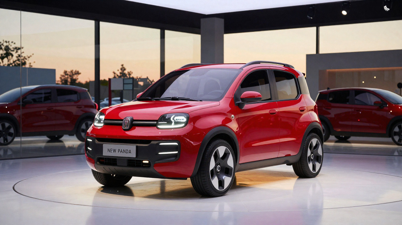 Carro compacto vermelho Fiat New Panda exposto em ambiente interno moderno, com reflexos no vidro.