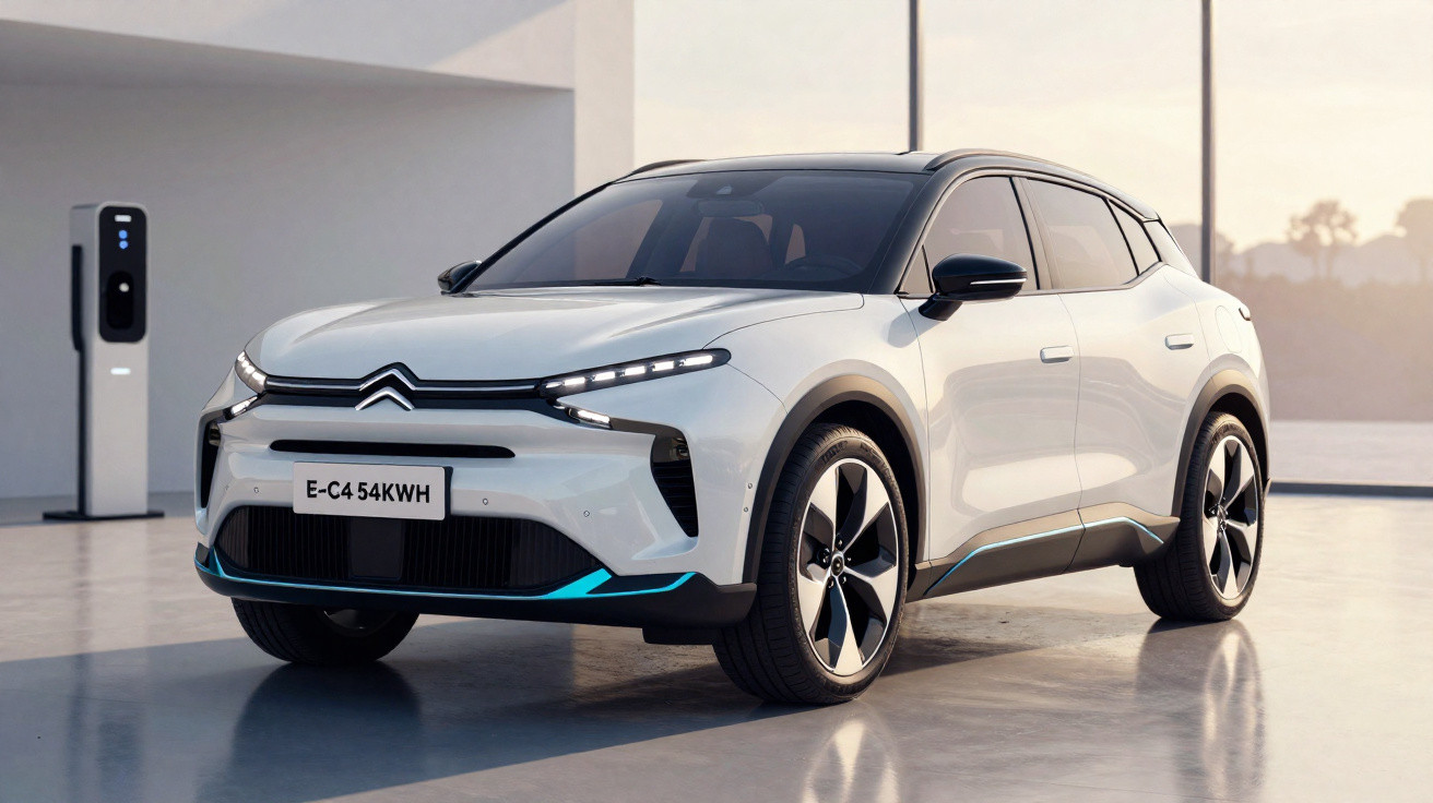 Carro elétrico branco Citroën E-C4 54KWH estacionado próximo a um carregador em ambiente moderno.