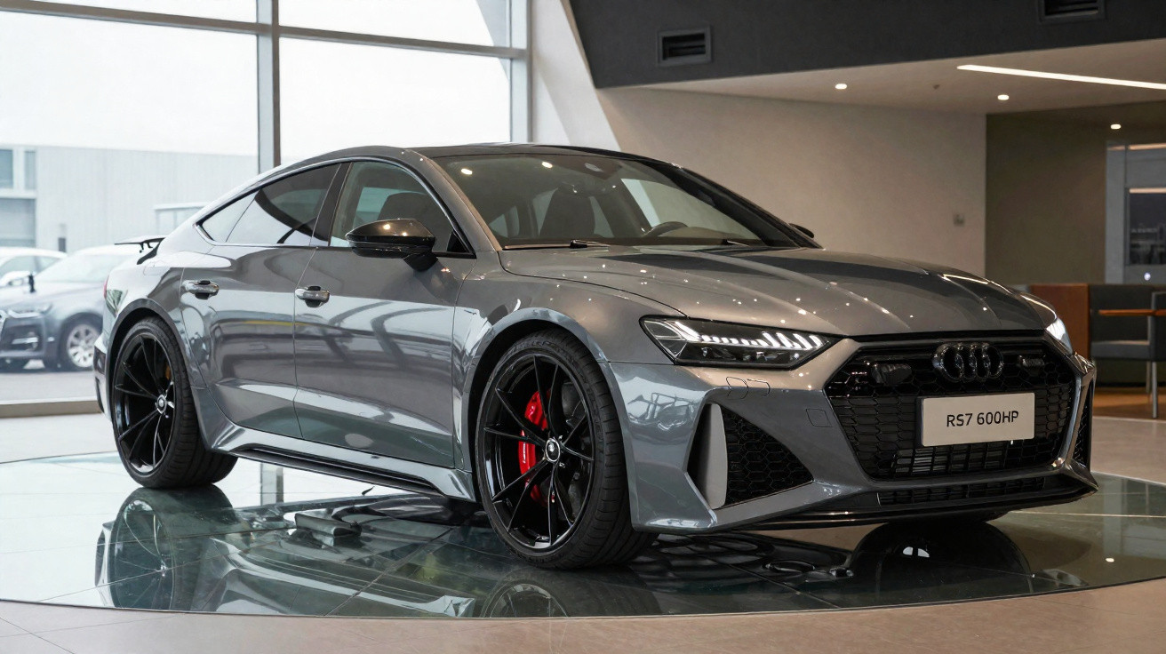 Carro esportivo cinza Audi RS7 600HP em exposição dentro de showroom moderno e iluminado.