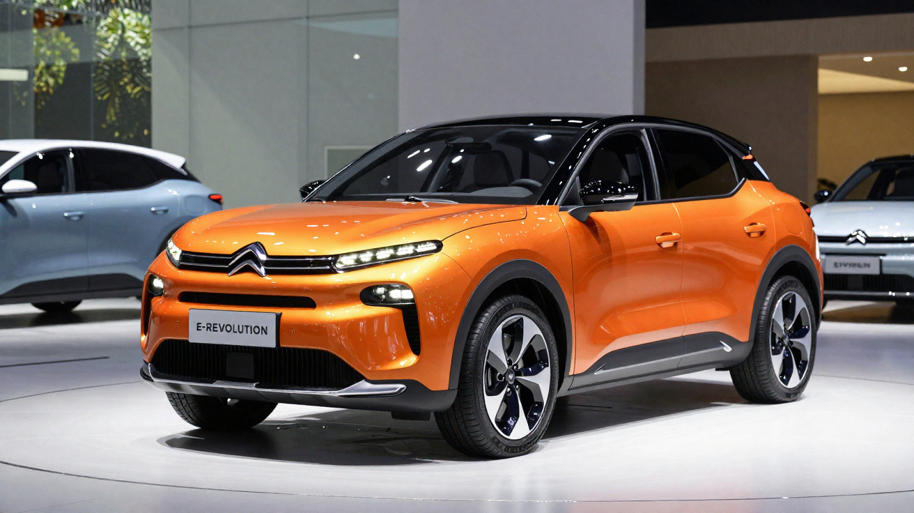 Carro SUV elétrico Citroën E-Revolution na cor laranja com detalhes pretos, exposto em salão automotivo.