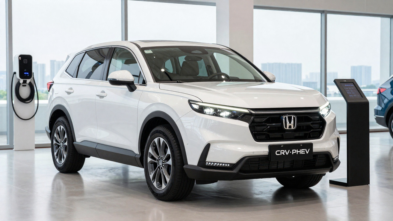 SUV branco Honda CRV-PHEV em showroom, com carregador elétrico ao fundo e painel informativo ao lado.