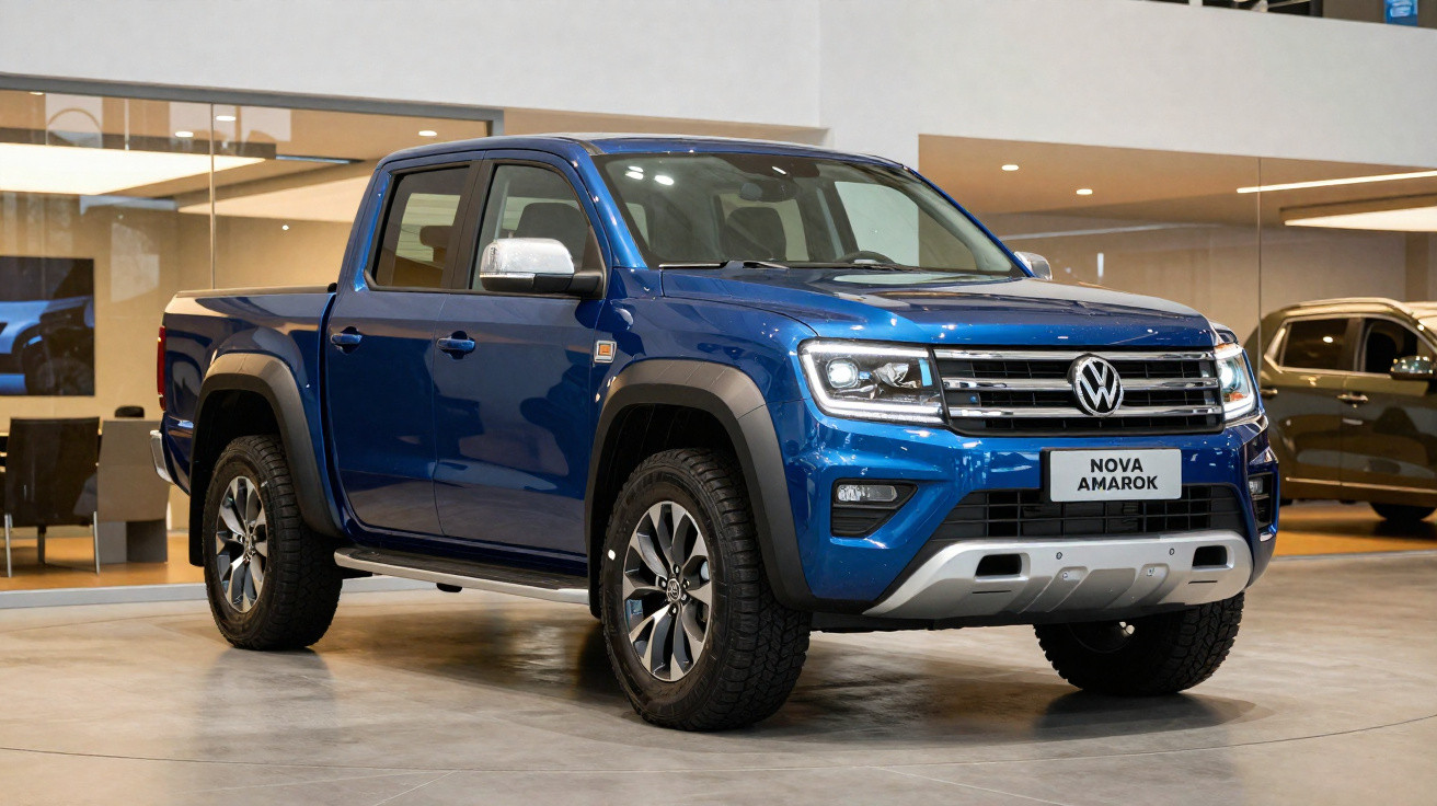 Picape Volkswagen Amarok azul estacionada em ambiente interno com piso claro e paredes de vidro.