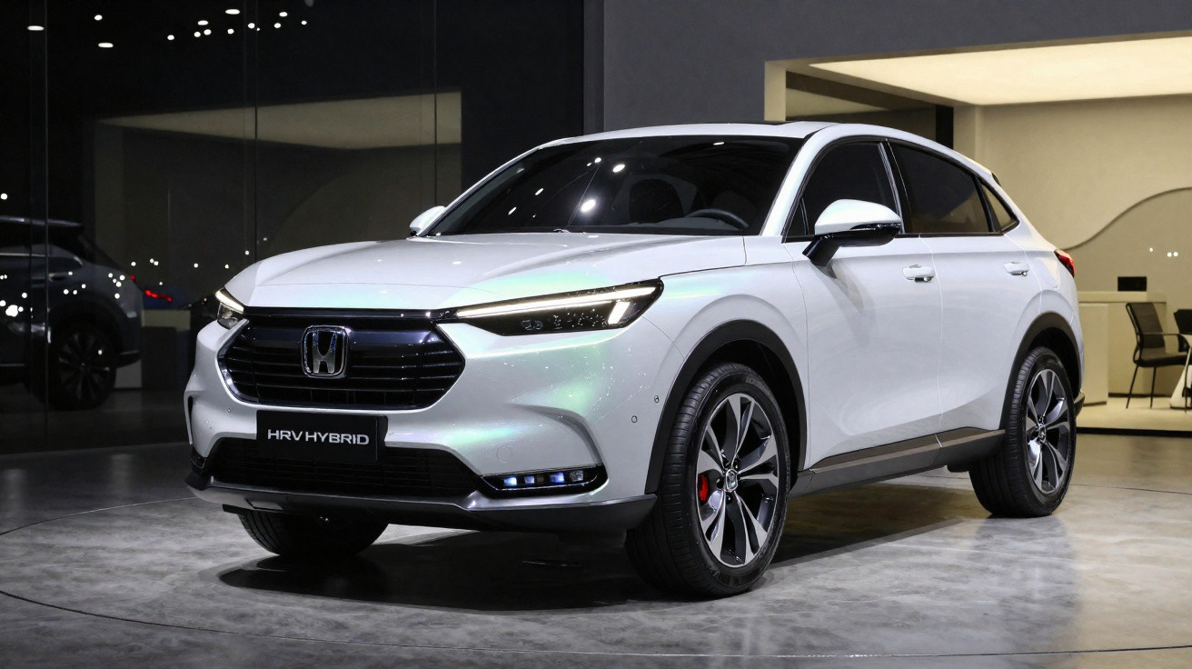 Carro branco Honda HR-V Hybrid estacionado em ambiente interno com piso cinza.